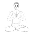 Yoga pose, woman meditating in a lotus pose, vector coloring drawing portrait. Meditation relaxation girl sitting cross