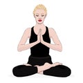 Yoga pose, woman meditating in a lotus pose, vector multicolored drawing portrait. Meditation relaxation cartoon girl