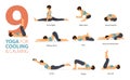 9 Yoga poses or asana posture for workout in cooling and calming concept. Women exercising for body stretching. Vector.