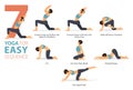 7 Yoga poses or asana posture for workout in easy sequence concept. Women exercising for body stretching. Fitness infographic.