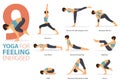 9 Yoga poses or asana posture for workout in filling energised concept. Women exercising for body stretching. Fitness infographic. Royalty Free Stock Photo