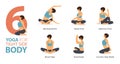 6 Yoga poses or asana posture for workout in tight side body concept. Women exercising for body stretching. Fitness infographic.