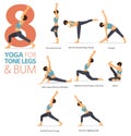 8 Yoga poses or asana posture for workout in Tone legs and bum concept. Women exercising for body stretching. Vector. Royalty Free Stock Photo