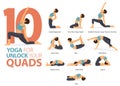 10 Yoga poses or asana posture for workout in unlock your quads concept. Women exercising for body stretching.