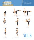 Yoga poses for concept of balancing and standing poses in flat design style. Strong Woman exercising for body stretching. Vector.