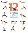 Infographic of 12 Yoga poses for sculpted shoulders in flat design. Beauty woman is doing exercise for body stretching. Vector.