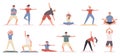 Yoga poses and exercises flat vector illustrations set. Sport and relaxation, healthy lifestyle. Yogi cartoon characters Royalty Free Stock Photo