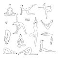 Yoga poses linear icons set. Sarvangasana halasana bakasana uttanasana siddhasana vrikshasana trikonasana virabhadrasana