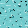 Yoga poses pattern woman and cat with words. Seamless repeat background