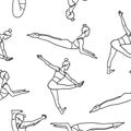 Seamless pattern lady yoga poses in cartoon outline flat style. Meditation, pilates, mental health