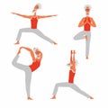 Yoga poses set. The drawn cheerful elderly man is doing exercises