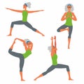Yoga poses set. The drawn cheerful elderly woman is doing exercises