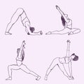 Yoga poses set. Girls in dolphin, warrior and triangle poses doing stratching. Healthy lifestyle concept. Outline hand drawn style Royalty Free Stock Photo