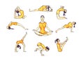 Yoga poses set: woman in orange sportswear in asana poses, simple illustrative collection of poses Royalty Free Stock Photo