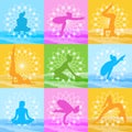 Yoga Poses Set Woman Silhouette Over Beautiful Lotus Icon Colorful Ornament Royalty Free Stock Photo