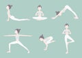 Yoga poses set of young girl. Digital hand drawn smiling yoga girls vector illustration. Royalty Free Stock Photo