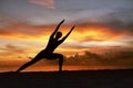 Yoga Poses. Woman Practicing Side Angle Asana On Ocean Beach. Female Silhouette Standing In Parivrtta Parsvakonasana. Royalty Free Stock Photo