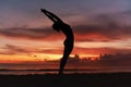 Yoga Poses. Woman Standing In Backbend Asana On Ocean Beach. Female Silhouette Practicing In Anuvittasana Pose. Royalty Free Stock Photo