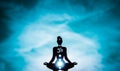 Yoga position silhouette in contrasting sun, Throat chakra