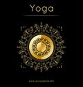 Yoga poster with floral ornament and sun symbol. Golden texture.