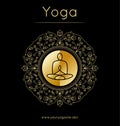 Yoga poster with floral ornament and yogi silhouette. Golden texture. Royalty Free Stock Photo