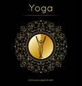 Yoga poster with floral ornament and yogi silhouette. Golden texture. Royalty Free Stock Photo