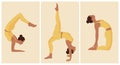 Yoga poster set, young women in yellow tracksuits in different yoga positions. Pastel colors. Royalty Free Stock Photo