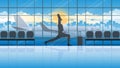Yoga posture businessman at international airport waiting for business trip flight