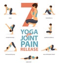 Yoga postures female figures Infographic . 7 Yoga poses for Joint Pain Release flat design. Royalty Free Stock Photo