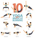 Yoga postures female figures Infographic . 10 Yoga poses for Muscle Burning in flat design.