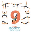 Yoga postures female figures for Infographic 9 Yoga poses for perky booty in flat design. Woman figures exercise in blue sportswea