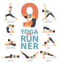 Yoga postures female figures Infographic . 9 Yoga poses for Runners in flat design.