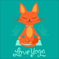 The Yoga Practice. Feel Like A Goddess. Cartoon Funny Cat Doing Yoga Position.