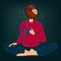 A cute cartoon brown-haired woman sits in a lotus position and drinks coffee or herbal tea. Yoga practice, relaxation. Vector