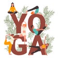 Yoga practice vector illustration set, cartoon flat active people practicing yogi asana, stretching, next to big yoga