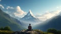 A yoga practicioner in a tranquil mountains ultra realistic illustration - Generative AI.