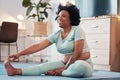 Yoga, pregnant and black woman stretching legs in home for flexibility, health or fitness. Pregnancy, zen pilates and Royalty Free Stock Photo