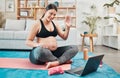 Yoga, pregnant woman and meditation with laptop, online class and video call for wellness and health. Pregnancy, pc and Royalty Free Stock Photo