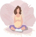 Yoga for pregnant women. Active well built pregnant female character. Banner in blue tones for you. Vector illustration in cartoon
