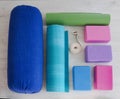 Yoga props blocks, strap, roller and carpet