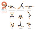 9 Yoga poses or asana posture for workout in Quick core workout concept. Women exercising for body stretching.