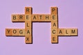 Yoga, Relax, Breathe, Peace, Calm, crossword on purple