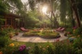 yoga retreat with outdoor meditation garden, surrounded by greenery and flowers