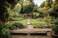 yoga retreat with outdoor meditation garden, surrounded by greenery and flowers