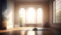 Yoga room interior with window and sunlight. 3D Rendering