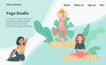 Yoga school studio landing page, young girls in meditation poses, fitness and exercise yoga practice cartoon vector