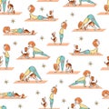 Yoga seamless pattern with cartoon girl and dog doing yoga posit Royalty Free Stock Photo