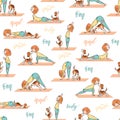 Yoga seamless pattern with cartoon girl and dog doing yoga posit Royalty Free Stock Photo