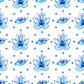 Yoga seamless pattern with blue lotuses, eyes, circles of dots on white background