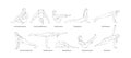 Yoga set with sanscrit asana names. Yogi woman full body workout including core muscles, legs and arms. Sketch vector